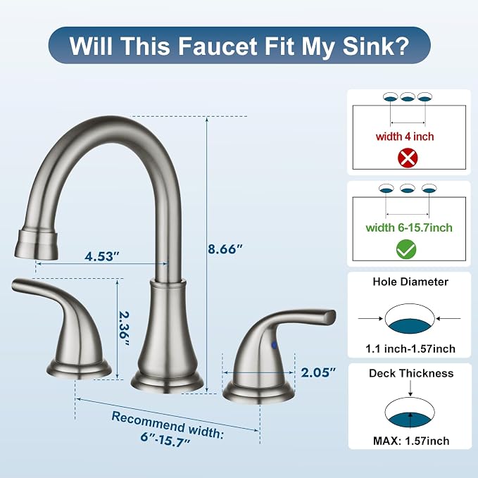 Brushed Nickel Widespread Bathroom Sink Faucet, 3 Hole 8 Inch | Modern Bathroom Faucet 3-Hole,2 Handles,Pop-Up Drain & Supply Lines,Deck Mount Vanity Faucet,1.2 GPM,SUS304 Stainless Steel