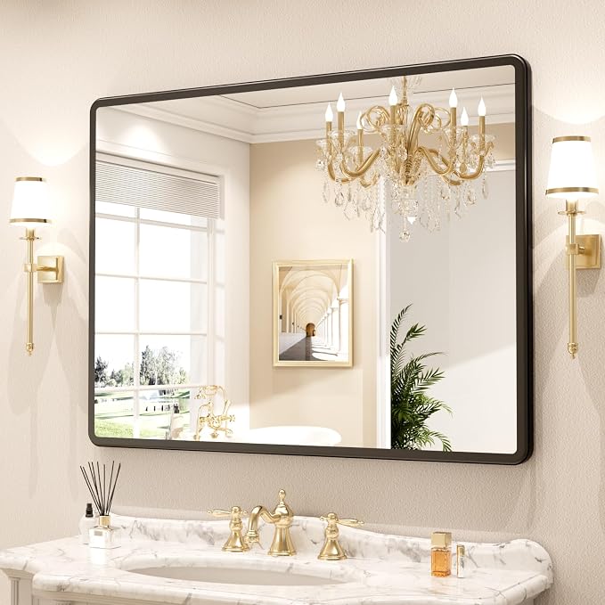 pertetey 40 x 30 in Rounded Rectangle Bathroom Mirror | Black Metal Frame, Tempered Glass, Wall Mounted