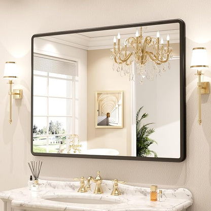 pertetey 40 x 30 in Rounded Rectangle Bathroom Mirror | Black Metal Frame, Tempered Glass, Wall Mounted