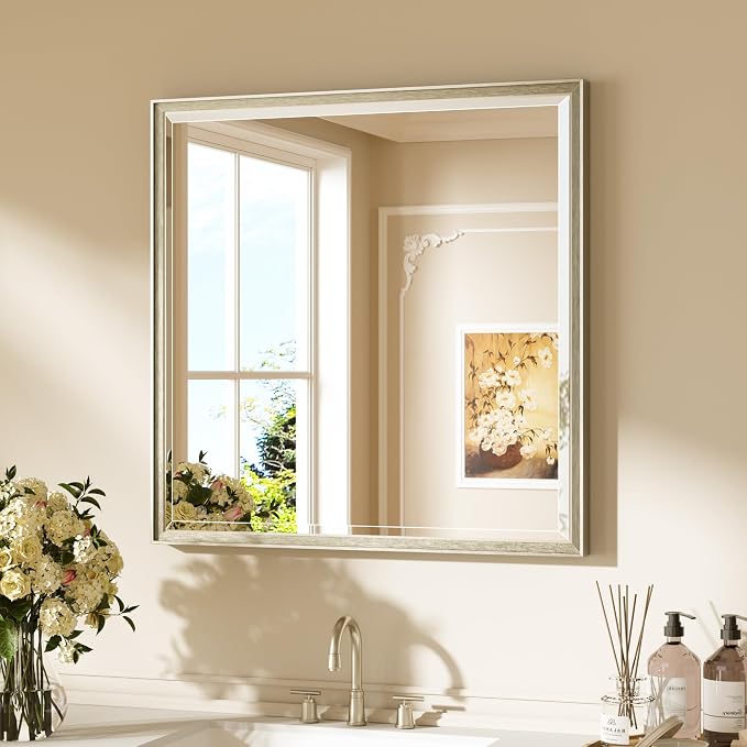 Keonjinn 30"x30" Square Brushed Nickel Bathroom Mirrors, HD Tempered Glass | Aluminum Alloy Frame, Effortless French Cleat Installation, Beveled Edge, Rustproof, Silver Vanity Mirror for Bathroom Sink