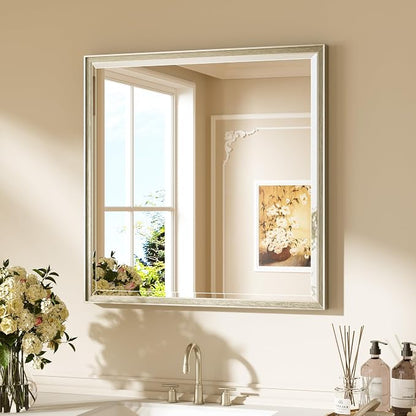 Keonjinn 30"x30" Square Brushed Nickel Bathroom Mirrors, HD Tempered Glass | Aluminum Alloy Frame, Effortless French Cleat Installation, Beveled Edge, Rustproof, Silver Vanity Mirror for Bathroom Sink