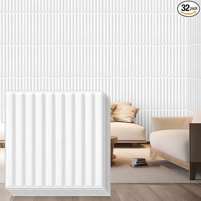 Nuanchu 32 Pcs 3D Wall Panels, 12"x12" PVC Fluted Tiles, White | Waterproof Accent Panels, Paintable Wall Tiles, for TV Background, Bedroom, Bathroom, Gaming Room, Cuttable Home DIY Decor