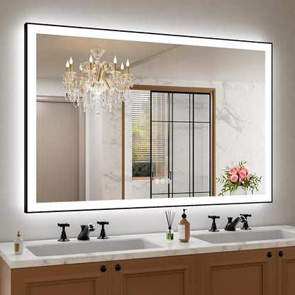 55"x40" LED Bathroom Mirror, Frontlit&Backlit, Controlled Separately | Black Metal Frame, Stepless Dimmable, Anti-Fog, HD Reflection, Shatter-Proof, 3 Colors Lighting, Memory, UL Listed