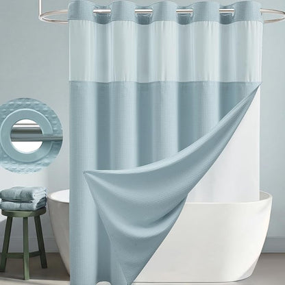 Fog Blue Hook Free Waffle Shower Curtain & Snap-in Liner,72x99 | Less Time to install, 3 in 1 Fabric Shower Curtain and Liner Set with Magnets, Extra Long, Shower Curtains for Bathroom