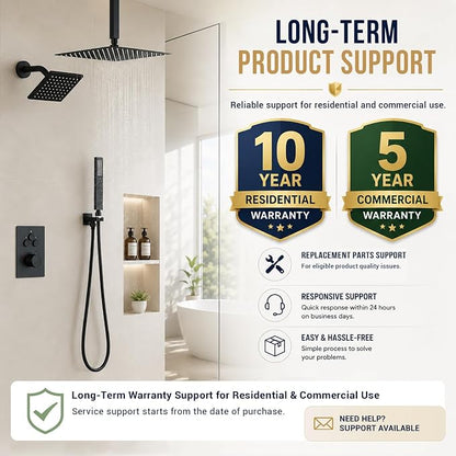 Thermostatic Dual Shower Head System, Matte Black Shower Faucet | 12 Inch Ceiling Rainfall Shower, 6 Inch Wall Mount Head, High Pressure Handheld Sprayer, Push Button Valve