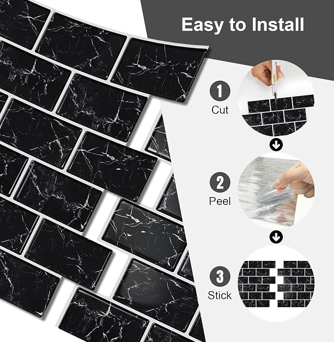 10 Sheets Thicker Design Peel and Stick Backsplash, 12"x12" Peel and Stick Wall Tiles, Subway Look Marble Tiles Backsplash for Kitchen and Bathroom, Black Marquina