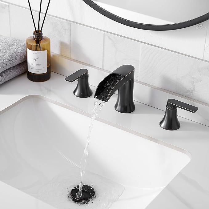 Oil Rubbed Bronze Waterfall Bathroom Faucet 2 Handle, 8 Inch Widespread Bathroom Sink Faucet 3 Hole with Supply Lines, Brass Material for Vanity, Lavatory, Restroom, Farmhouse, NO Pop-up Drain