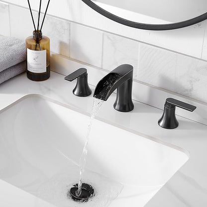 Oil Rubbed Bronze Waterfall Bathroom Faucet 2 Handle, 8 Inch Widespread Bathroom Sink Faucet 3 Hole with Supply Lines, Brass Material for Vanity, Lavatory, Restroom, Farmhouse, NO Pop-up Drain