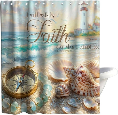 Cute Modern Beach Shower Curtain, Ocean Rustic Coastal Tropical Aesthetic Seashell Shower Curtains for Bathroom, Waterproof Bath Curtain with Hooks Machine Washable Bathtub Curtains 72x72 Inch Blue