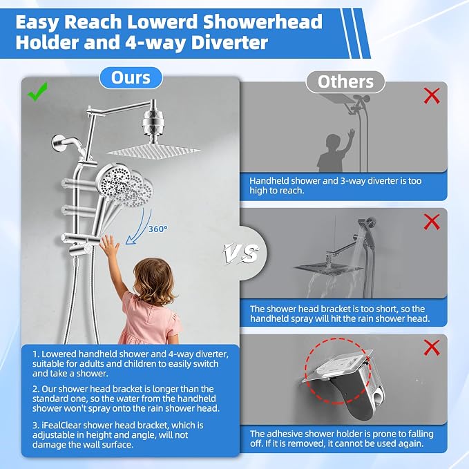 10" Metal Rain Filtered Shower Head with Handheld, 10 Modes, Easy Reach | Chrome, High-Pressure Rainfall Showerhead, 4-Way Diverter Pause Mode, Adjustable 16" Extension Arm, 20-Stage Shower Filter