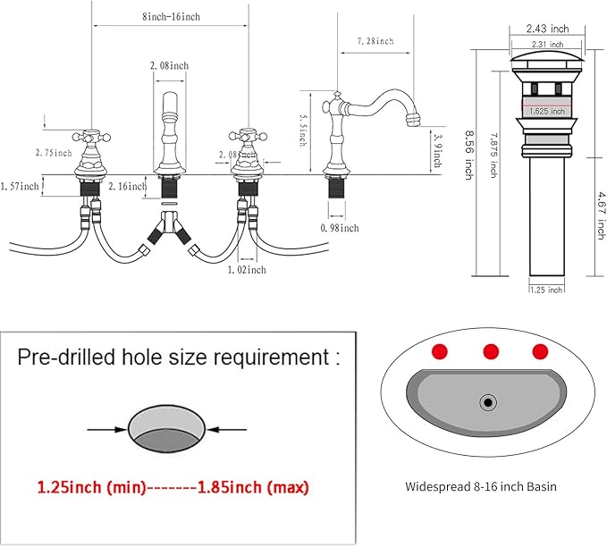 GGStudy 8-16 inch Two Handles 3 Holes Widespread Bathroom Sink Faucet Copper Basin Mixer Tap Faucet Matching Metal Pop Up Drain with Overflow