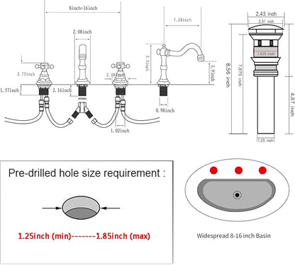 GGStudy 8-16 inch Two Handles 3 Holes Widespread Bathroom Sink Faucet Copper Basin Mixer Tap Faucet Matching Metal Pop Up Drain with Overflow