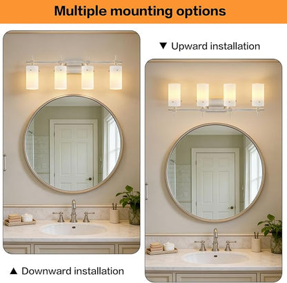 SOLFART 4 Light Bathroom Vanity Lights Over Mirror, Vintage Bathroom Lighting Brushed Nickel Wall Sconce with Milky White Glass Shade