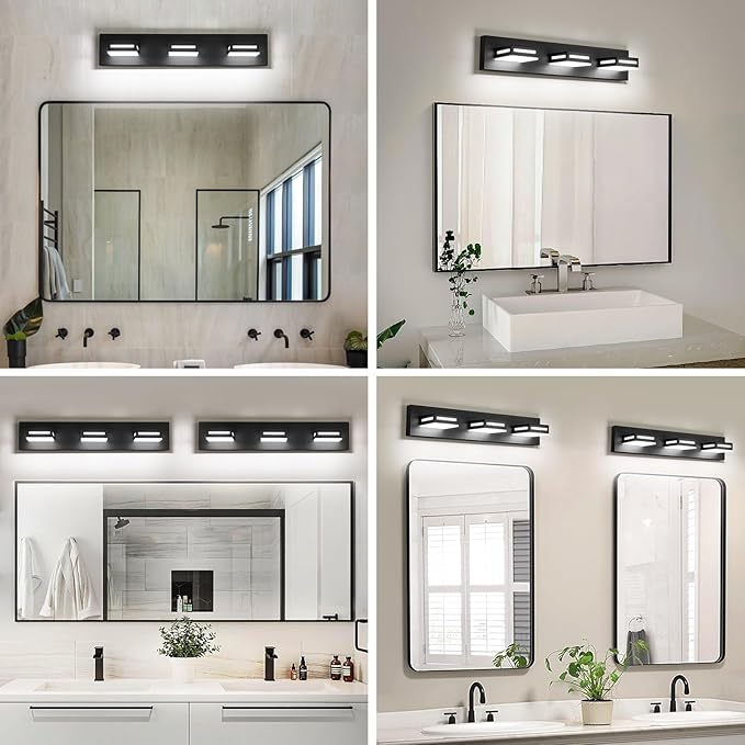 LED Modern Bathroom Light Fixtures, 3-Light 24-Inch Matte Black Vanity Lights for Bathroom Lighting Fixtures Over Mirror, 350° Rotatable Acrylic, 6000K Cool White Wall Lamp