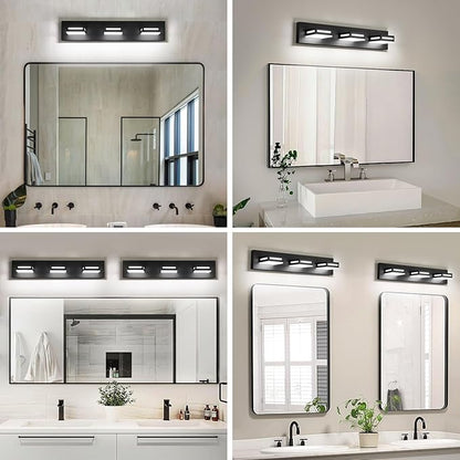 LED Modern Bathroom Light Fixtures, 3-Light 24-Inch Matte Black Vanity Lights for Bathroom Lighting Fixtures Over Mirror, 350° Rotatable Acrylic, 6000K Cool White Wall Lamp