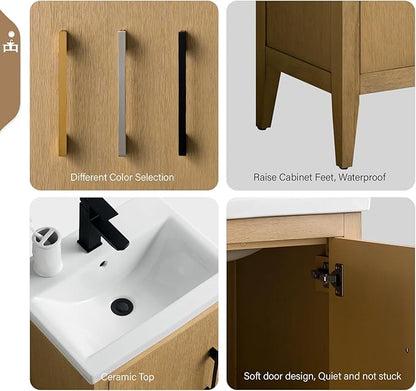 Vanity Art 20 inch Bathroom Vanity with Single Sink & Ceramic Top, Vanity Cabinet with Soft-Closing Doors, Solid Wood Frame, Natural Oak, VA9020-NO-GB1