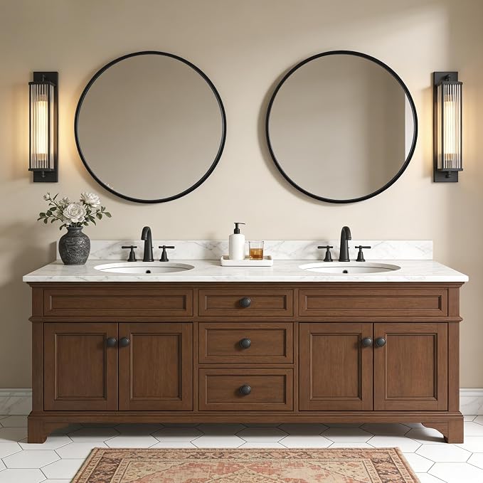 Round Wood Mirror, 32" Round Modern Decoration Large Circle Wall Mirror for Bathroom Living Room Bedroom Entryway, Black