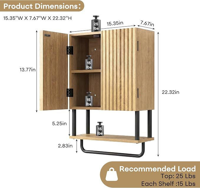 Fluted Bathroom Wall Cabinet,Wooden Medicine Cabinet with Towel Bar Oak | Fernitry Over the toilet Storage Cabinet Wall Mounted with Adjustable Shelf and Towel Bar 3-Tier 2 Doors Curved Modern