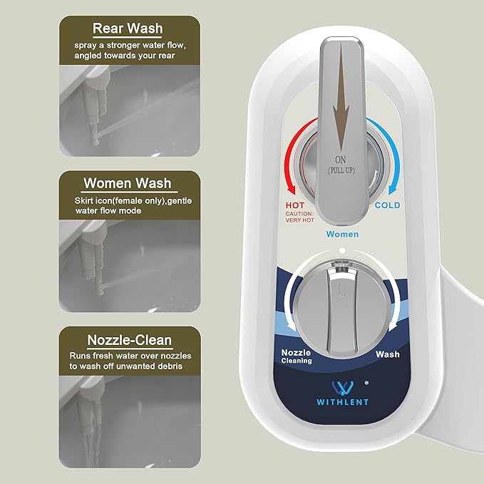 Bidet Attachment for Toilet Warm Water Left - Hot and Cold Self-Cleaning, Dual Nozzle, Non-Electric Bidet Attachment for Toilet Seat, Adjustable Water Pressure, Rear and Feminine Wash, Lever Control