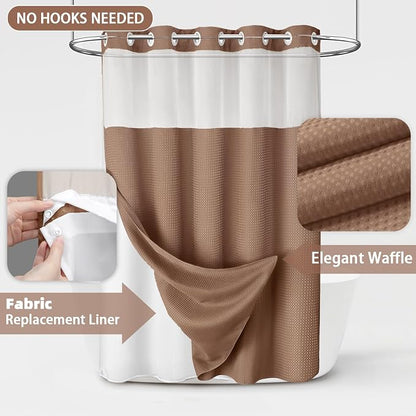 No Hook Shower Curtain and Liner Set,Mocha Brown Hotel Waffle Shower Curtain with Liner 75" L x 72" W