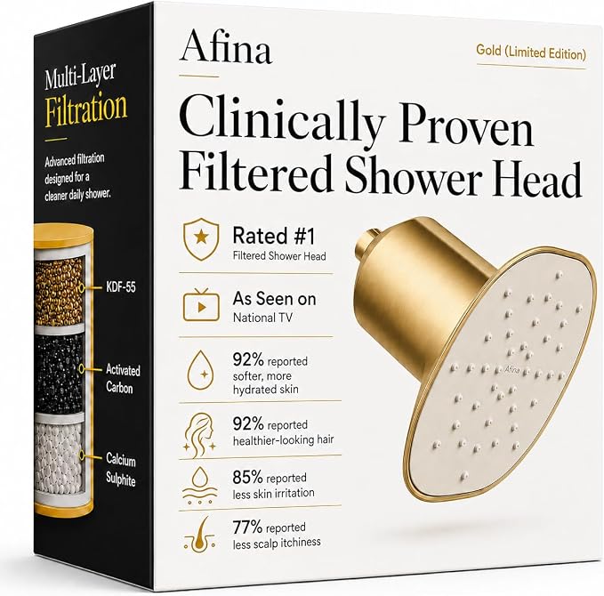 Afina Filtered Shower Head, High Pressure Rainfall (Gold) | KDF-55 Shower Filter & Water Filter Showerhead for Hard Water, Reduces Chlorine for Softer Skin & Hair