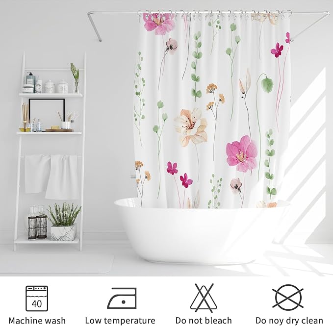Pink Green Beige Watercolor Floral Fabric Shower Curtain, 72x72 | Waterproof Fabric, Modern Minimalist Floral Print, Machine Washable, Rustproof Grommets, for Bathroom Home
