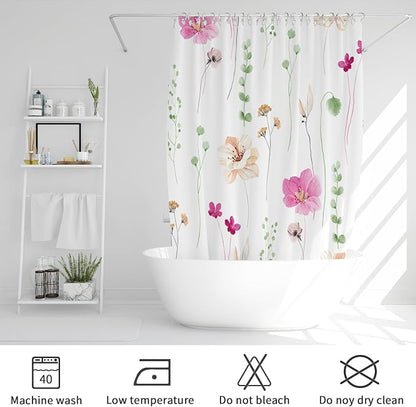 Pink Green Beige Watercolor Floral Fabric Shower Curtain, 72x72 | Waterproof Fabric, Modern Minimalist Floral Print, Machine Washable, Rustproof Grommets, for Bathroom Home