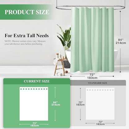 Extra Long Waffle Shower Curtain 256 GSM Fabric 72"x84" Mint Green | 84 Inch Long, Thick Cloth, Weighted Hem, Water Repellent, Tall Hotel Luxury Polyester Shower Curtains for Bathroom 12 Hooks