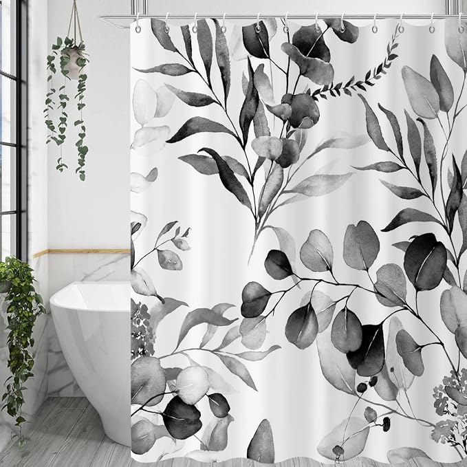 Black Eucalyptus Leaf Shower Curtain, Black Botanical Watercolor Plants Bathroom Curtain Bathtub Home Decor Waterproof Fabric Machine Washable with 12 PCS Hooks,65" Wx72 L