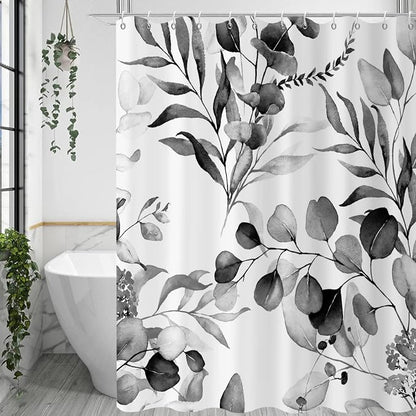 Black Eucalyptus Leaf Shower Curtain, Black Botanical Watercolor Plants Bathroom Curtain Bathtub Home Decor Waterproof Fabric Machine Washable with 12 PCS Hooks,65" Wx72 L