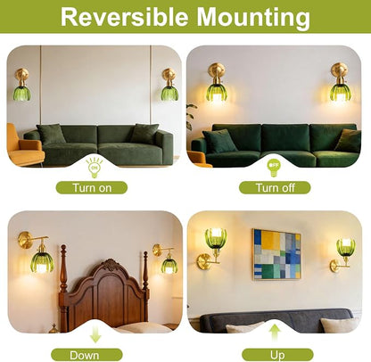 Vintage Wall Sconces Set of 2 with Green Tulip Glass Lampshade, Hardwired and Wireless Wall Mounted Light Fixtures (2 Usage Methods), Gold Lamp with Switch for Bedside Bedroom Living Room Wall Decor