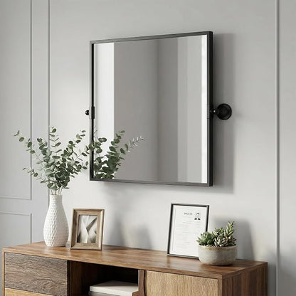 26"x26" Square Black Mirror,Pivot Mirror for Bathroom,Tilt Beveled Vanity Mirror,Metal Frame Piovting Mirror Hanging for Bedroom Entryway Living Room Farmhouse