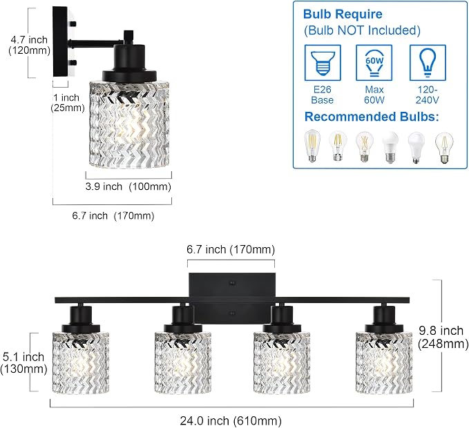 MELUCEE 4 Lights Black Bathroom Light Fixtures with Hammered Glass Shade | Indoor Metal Vanity Light Wall Lights for Powder Room Hallway Kitchen, E26 Base