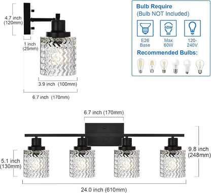 MELUCEE 4 Lights Black Bathroom Light Fixtures with Hammered Glass Shade | Indoor Metal Vanity Light Wall Lights for Powder Room Hallway Kitchen, E26 Base