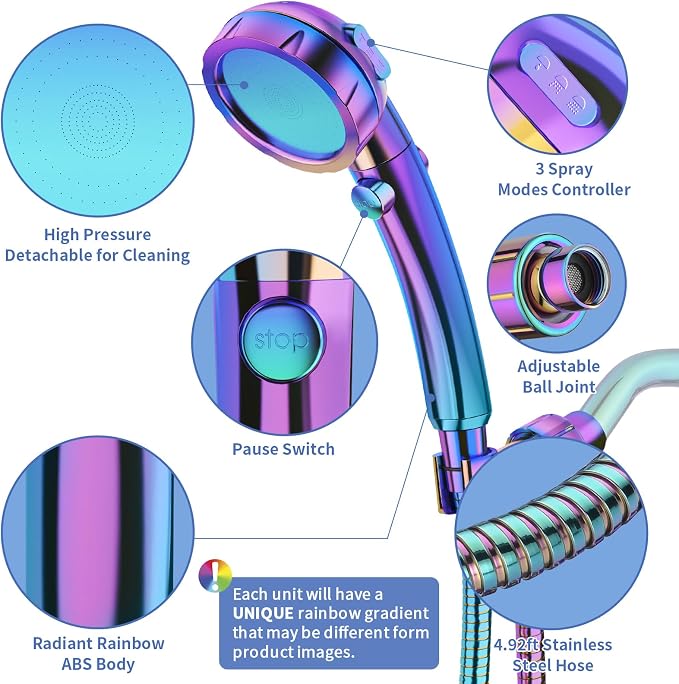 SINGSUO High Pressure Handheld Showerhead, On Off Switch (Radiant Rainbow) | Detachable Shower Head, 3 Spray Modes Shower Massager Handheld with Hose and Adjustable Angle Bracket