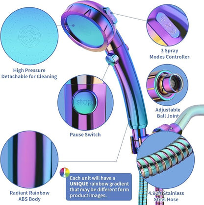 SINGSUO High Pressure Handheld Showerhead, On Off Switch (Radiant Rainbow) | Detachable Shower Head, 3 Spray Modes Shower Massager Handheld with Hose and Adjustable Angle Bracket