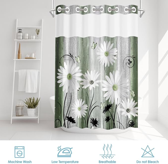 No Hook Shower Curtain with Snap in Liner 71x74 Inch Daisy Green | Farmhouse Rustic Butterfly Modern Double Layers Waterproof Fabric with See Through Top Window Open Grommet Bath Curtain
