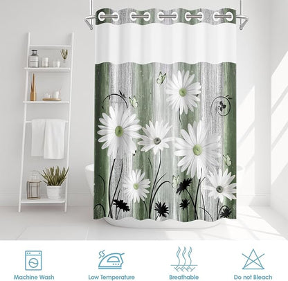 No Hook Shower Curtain with Snap in Liner 71x74 Inch Daisy Green | Farmhouse Rustic Butterfly Modern Double Layers Waterproof Fabric with See Through Top Window Open Grommet Bath Curtain