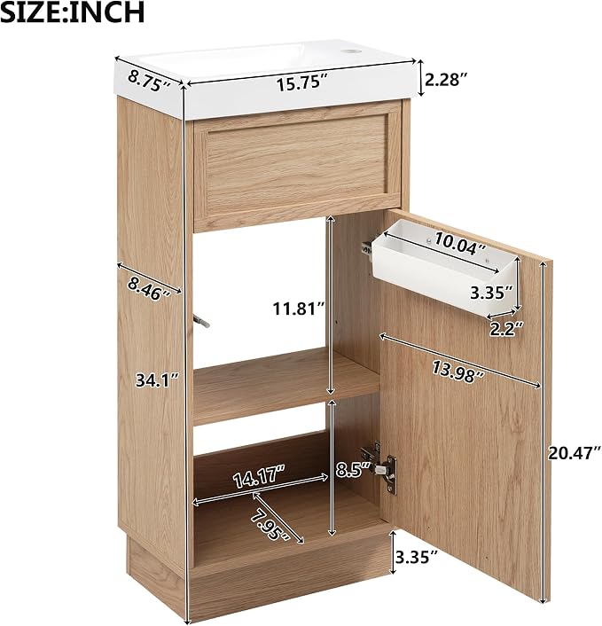 Merax Modern Rustic 15.75'' Bathroom Vanity with Resin Sink, Solid Wood Bathroom Storage Cabinet with Adjustable Shelf & Push-to-Open Door for Small Spaces, Natural