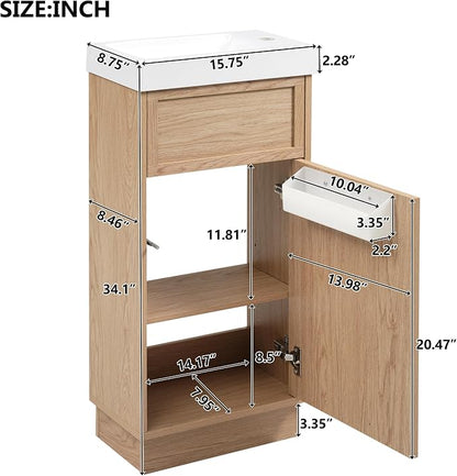 Merax Modern Rustic 15.75'' Bathroom Vanity with Resin Sink, Solid Wood Bathroom Storage Cabinet with Adjustable Shelf & Push-to-Open Door for Small Spaces, Natural