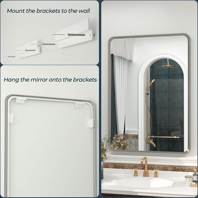 OKPAL Brushed Nickel Mirror 24 x 36 Silver Bathroom Mirror, Rounded Rectangle Silver Vanity Mirror with Brushed Metal Frame, HD Anti-Rust Wall Mirror(Horizontal/Vertical)