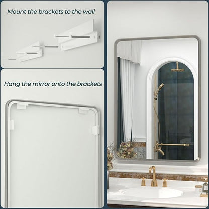 OKPAL 66x36 Silver Bathroom Mirror for Wall, Brushed Metal Framed Bathroom Vanity Mirror, Modern Rounded Corner Rectangle Mirror, Anti-Rust (Horizontal/Vertical)