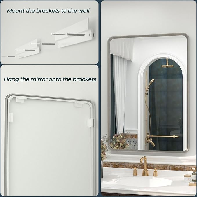 OKPAL 28 x 32 Silver Framed Mirror, Brushed Nickel Bathroom Mirror for Wall, Modern Rounded Rectangle Mirror, Brushed Silver Vanity Mirror, Anti-Rust, HD Glass (Horizontal/Vertical)