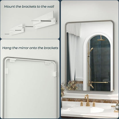 OKPAL 40 x 36 Silver Bathroom Mirror, Brushed Nickel Bathroom Vanity Mirror, Rounded Rectangle Beveled Silver Framed Mirror, Anti-Rust, HD Tempered Glass Wall Mirror(Horizontal/Vertical)