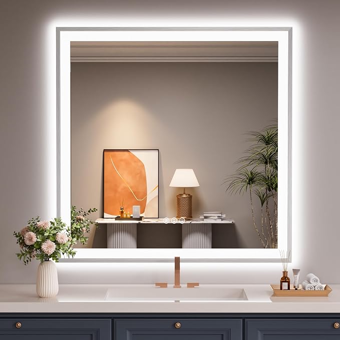 36x36 Inch LED Bathroom Mirror with Silver Frame | Silver Metal Frame, Front and Backlit, 3 Colors, Dimmable, Memory, Anti Fog, Tempered Glass, Lighted Mirror for Wall