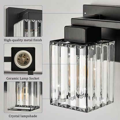 4-Light Black Crystal Vanity Light Bathroom Lighting Fixtures Over Mirror | Wall Sconces with Square Crystal Shades, E26 Socket, Modern Vanity Lights for Bathroom (Bulbs Not Included)