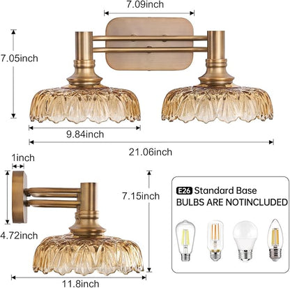 Vintage Bathroom Vanity Light Fixtures, 2-Light Brass Vanity Wall Light Over Mirror with Amber Glass Shade for Hallway Bedroom Living Room