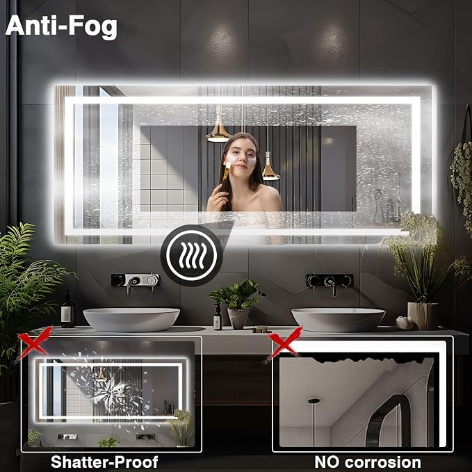 EchosLife 96"x36" Large LED Bathroom Mirror with Lights | Backlit + Front Lit, Anti-Fog, Stepless Dimmable, 3 Colors, Memory, Tempered Glass, UL Listed, Horizontal/Vertical