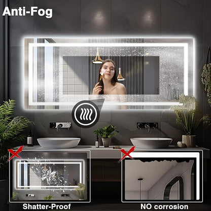 EchosLife 96"x36" Large LED Bathroom Mirror with Lights | Backlit + Front Lit, Anti-Fog, Stepless Dimmable, 3 Colors, Memory, Tempered Glass, UL Listed, Horizontal/Vertical