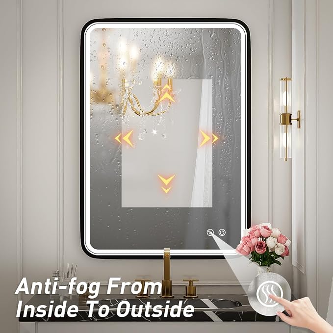20x28 Inch LED Lighted Bathroom Mirror,Black Frame | ETL Listed,Anti-Fog,3000K/4500K/6000K Dimmable,Horizontal & Vertical,Wall Mounted,Memory Function,Ideal for Bathroom,Vanity